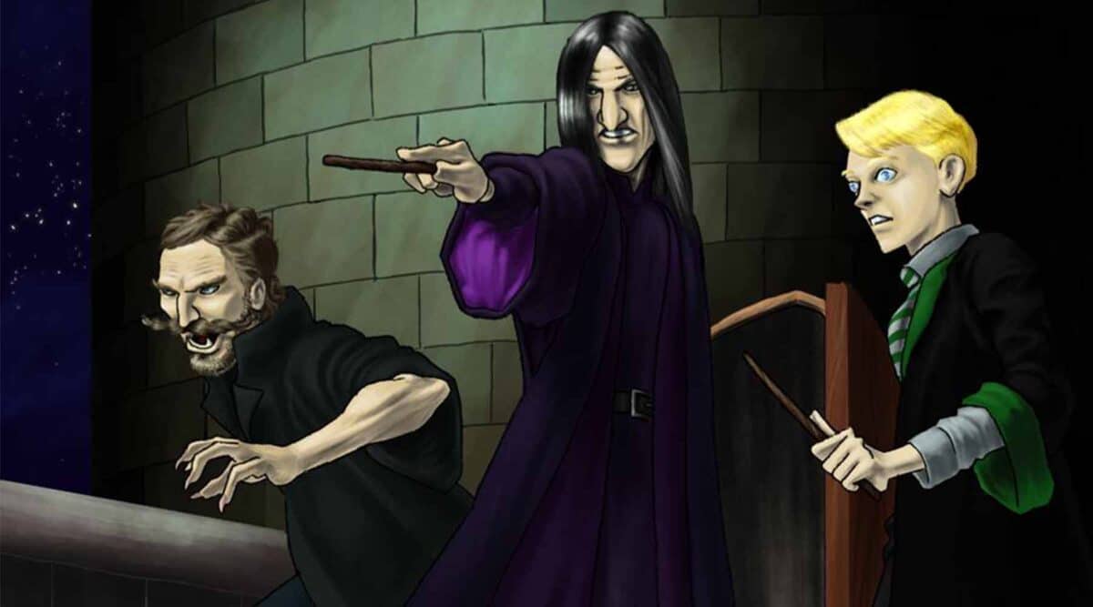 Ilustração de Harry Potter e o Enígma do Príncipe mostra Snape, Draco e Greyback na torre de Voldemort.