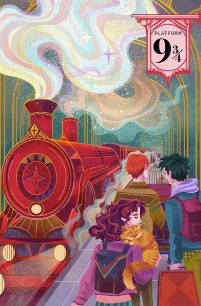 Harry, Rony e Hermione de costas em frente ao Expresso de Hogwarts.